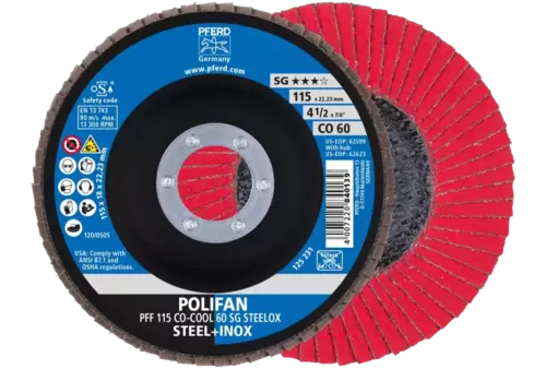 Ściernica listkowa POLIFAN PFF 115 × 22,23 mm płaska CO-COOL 60 SG STEELOX stal/stal nierdzewna 1