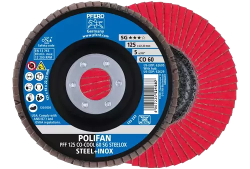 Ściernica listkowa POLIFAN PFF 125 × 22,23 mm płaska CO-COOL 60 SG STEELOX stal/stal nierdzewna 1