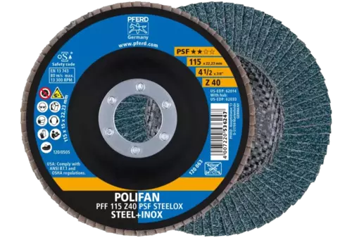 Ściernica listkowa POLIFAN PFF 115 × 22,23 mm płaska Z40 linia uniwersalna PSF STEELOX stal/stal nierdzewna 1