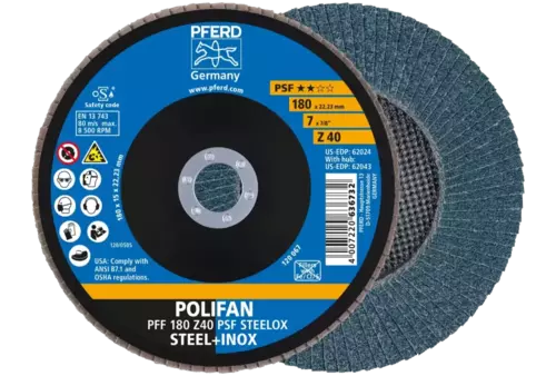 Ściernica listkowa POLIFAN PFF 180 × 22,23 mm płaska Z40 linia uniwersalna PSF STEELOX stal/stal nierdzewna 1