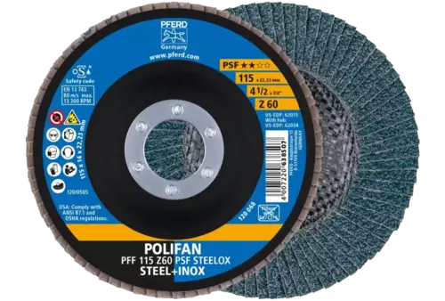Ściernica listkowa POLIFAN PFF 115 × 22,23 mm płaska Z60 linia uniwersalna PSF STEELOX stal/stal nierdzewna 1
