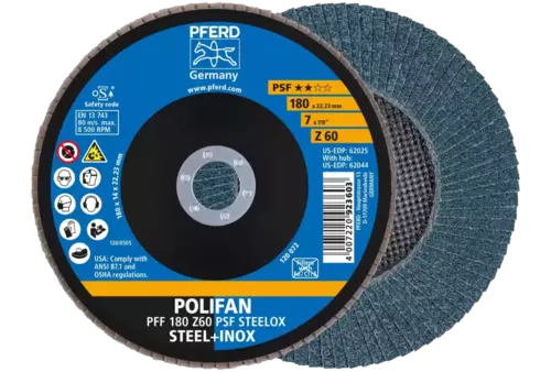 Ściernica listkowa POLIFAN PFF 180 × 22,23 mm płaska Z60 linia uniwersalna PSF STEELOX stal/stal nierdzewna 1