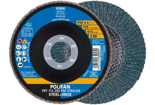 Ściernica listkowa POLIFAN PFF 115 × 22,23 mm płaska Z80 linia uniwersalna PSF STEELOX stal/stal nierdzewna 1