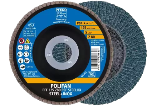 Ściernica listkowa POLIFAN PFF 125 × 22,23 mm płaska Z80 linia uniwersalna PSF STEELOX stal/stal nierdzewna 1