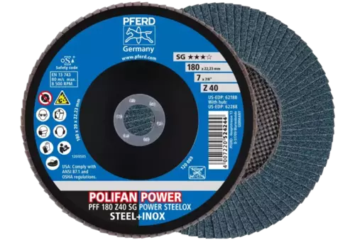 Ściernica listkowa POLIFAN POWER PFF 180 × 22,23 mm płaska Z40 SG STEELOX stal/stal nierdzewna 1