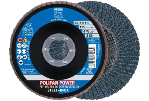 Ściernica listkowa POLIFAN POWER PFF 115 × 22,23 mm płaska Z60 SG STEELOX stal/stal nierdzewna 1