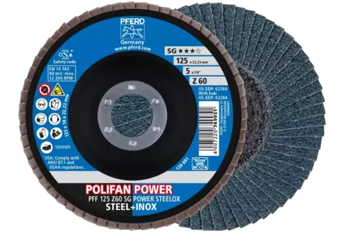 Ściernica listkowa POLIFAN POWER PFF 125 × 22,23 mm płaska Z60 SG STEELOX stal/stal nierdzewna 1