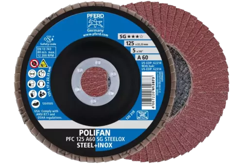 Ściernica listkowa POLIFAN PFC 125 × 22,23 mm stożkowa A60 SG STEELOX stal/stal nierdzewna 1