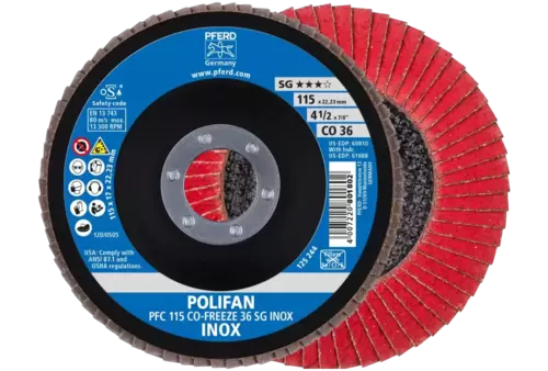 Ściernica listkowa POLIFAN PFC 115 × 22,23 mm stożkowa CO-FREEZE 36 SG INOX stal nierdzewna 1
