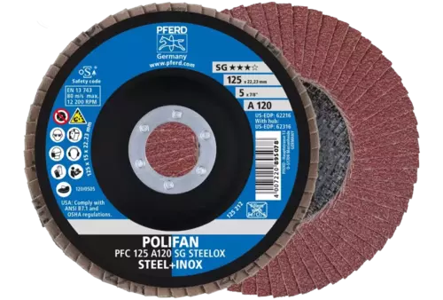 Ściernica listkowa POLIFAN PFC 125 × 22,23 mm stożkowa A120 SG STEELOX stal/stal nierdzewna 1