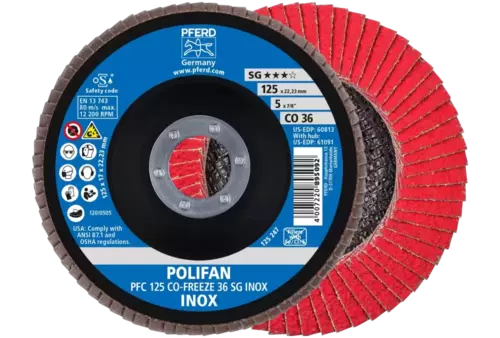 Ściernica listkowa POLIFAN PFC 125 × 22,23 mm stożkowa CO-FREEZE 36 SG INOX stal nierdzewna 1