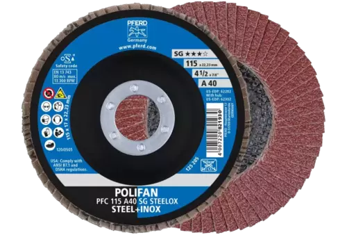 Ściernica listkowa POLIFAN PFC 115 × 22,23 mm stożkowa A40 linia uniwersalna PSF STEELOX stal/stal nierdzewna 1