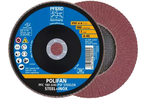 Ściernica listkowa POLIFAN PFC 180 × 22,23 mm stożkowa A40 linia uniwersalna PSF STEELOX stal/stal nierdzewna 1