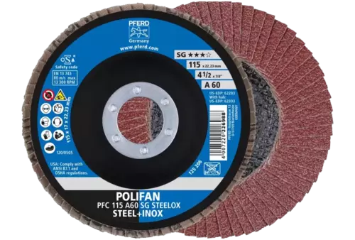 Ściernica listkowa POLIFAN PFC 115 × 22,23 mm stożkowa A60 linia uniwersalna PSF STEELOX stal/stal nierdzewna 1
