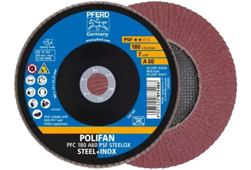 Ściernica listkowa POLIFAN PFC 180 × 22,23 mm stożkowa A60 linia uniwersalna PSF STEELOX stal/stal nierdzewna 1