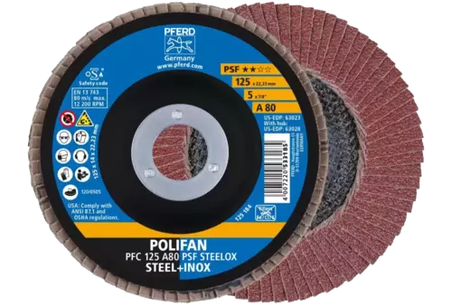 Ściernica listkowa POLIFAN PFC 125 × 22,23 mm stożkowa A80 linia uniwersalna PSF STEELOX stal/stal nierdzewna 1
