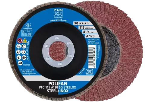 Ściernica listkowa POLIFAN PFC 115 × 22,23 mm stożkowa A120 linia uniwersalna PSF STEELOX stal/stal nierdzewna 1