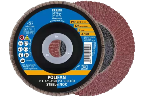 Ściernica listkowa POLIFAN PFC 125 × 22,23 mm stożkowa A120 linia uniwersalna PSF STEELOX stal/stal nierdzewna 1