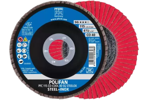 Ściernica listkowa POLIFAN PFC 115 × 22,23 mm stożkowa CO-COOL 40 SG STEELOX stal/stal nierdzewna 1