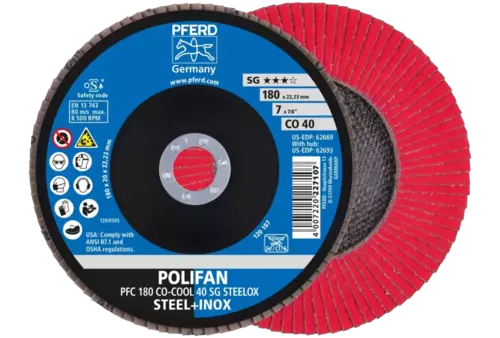Ściernica listkowa POLIFAN PFC 180 × 22,23 mm stożkowa CO-COOL 40 SG STEELOX stal/stal nierdzewna 1