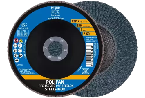 Ściernica listkowa POLIFAN PFC 150 × 22,23 mm stożkowa Z60 linia uniwersalna PSF STEELOX stal/stal nierdzewna 1
