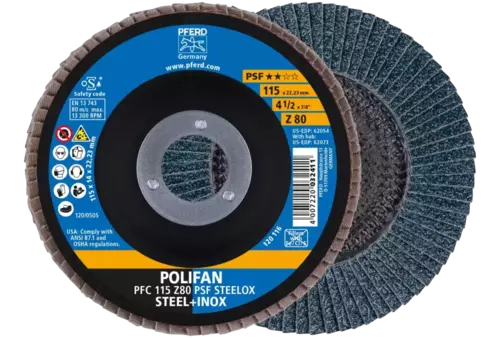 Ściernica listkowa POLIFAN PFC 115 × 22,23 mm stożkowa Z80 linia uniwersalna PSF STEELOX stal/stal nierdzewna 1