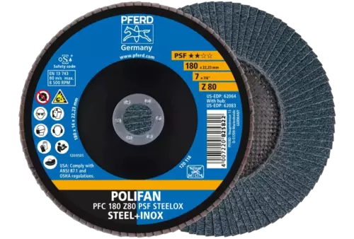 Ściernica listkowa POLIFAN PFC 180 × 22,23 mm stożkowa Z80 linia uniwersalna PSF STEELOX stal/stal nierdzewna 1