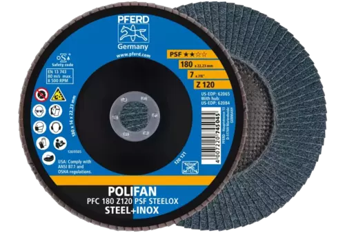 Ściernica listkowa POLIFAN PFC 180 × 22,23 mm stożkowa Z120 linia uniwersalna PSF STEELOX stal/stal nierdzewna 1