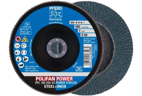 Ściernica listkowa POLIFAN POWER PFC 180 × 22,23 mm stożkowa Z60 SG STEELOX stal/stal nierdzewna 1