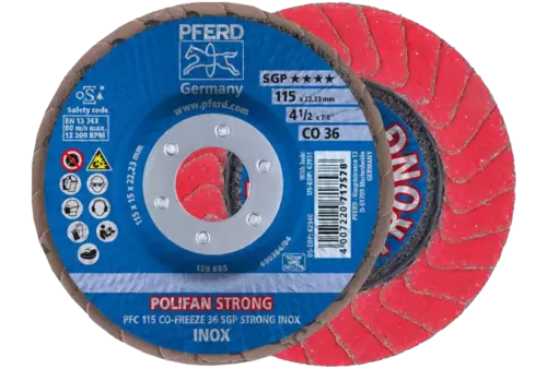 Ściernica listkowa POLIFAN STRONG PFC 115 × 22,23 mm stożkowa CO-FREEZE 36 SGP INOX do stali nierdzewnej 1