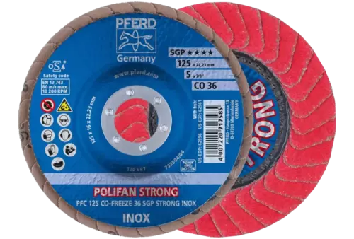 Ściernica listkowa POLIFAN STRONG PFC 125 × 22,23 mm stożkowa CO-FREEZE 36 SGP INOX do stali nierdzewnej 1