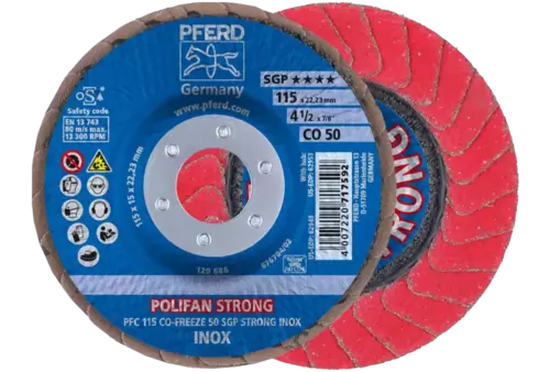 Ściernica listkowa POLIFAN STRONG PFC 115 × 22,23 mm stożkowa CO-FREEZE 50 SGP INOX do stali nierdzewnej 1