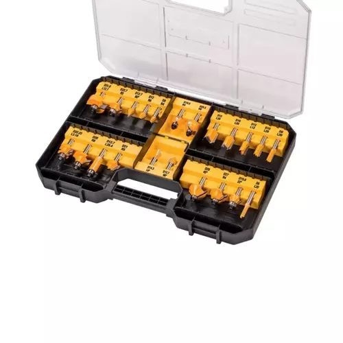 Zestaw 22szt. frezów HM do frezarki górnowrzecionowej, trzpień 8mm, DeWalt DT90017 1