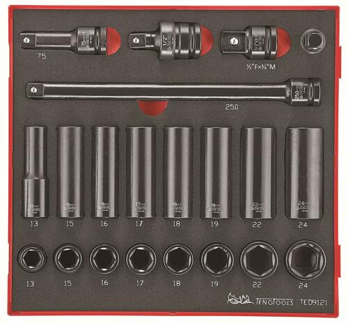 21-elementowy zestaw nasadek maszynowych z chwytem kwadratowym 1/2 Teng Tools TED 9121 1