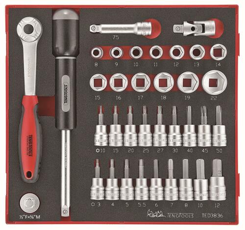 36-elementowy zestaw narzędzi nasadkowych z chwytem kwadratowym 3/8 Teng Tools TED3836 1