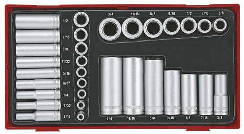 32-elementowy zestaw nasadek calowych 12-kątnych z chwytem kwadratowym 1/4 i 3/8 Teng Tools TTAF3212 1