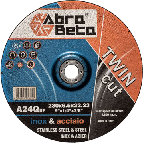 Tarcza do szlifowania metalu 230x6,5x22,23 A24Q TWIN CUT wypukła AbraBETA 000380230 1
