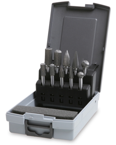 Komplet pilników obrotowych z węglika spiekanego 426md, kształt cp-ct-f-t-s , 8 - 12 mm, 10 sztuk w metalowym pudełku... 1