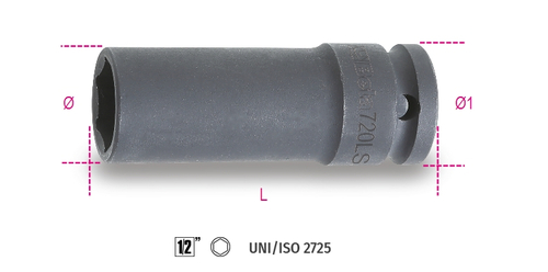 Nasadka udarowa sześciokątna, długa smukła z gniazdem 1/2, model 720ls, 32mm 1