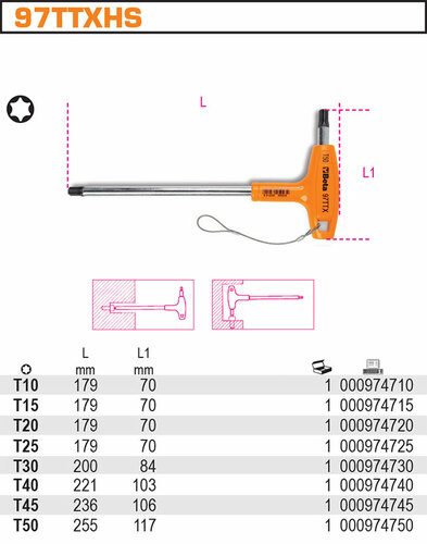 Klucz trzpieniowy kątowy profil torx z rękojeścią do prac na wysokościach, model 97ttx-hs, t10 1