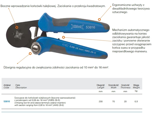 Szczypce do zaciskania końcówek kablowych tulejkowych 0,08-16mm2 model bm53816 1