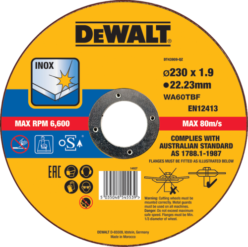 Tarcza do cięcia metalu 230x1,9x22,23 WA60TBF płaska DeWALT DT43909 1