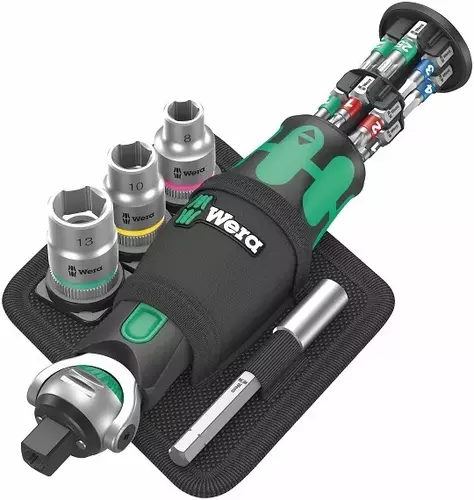 Grzechotka ręczna z 3 nasadkami 3/8", z funkcją wkrętaka 1/4" z magazynkiem na 12 bitów, 133mm, 8009 Zyklop Pocket Set... 1