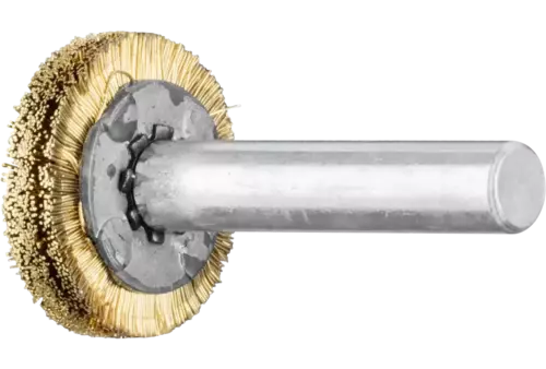 Szczotka tarczowa niepleciona RBU Ø20 × 4 mm trzpień Ø6 mm drut mosiężny Ø0,20 1