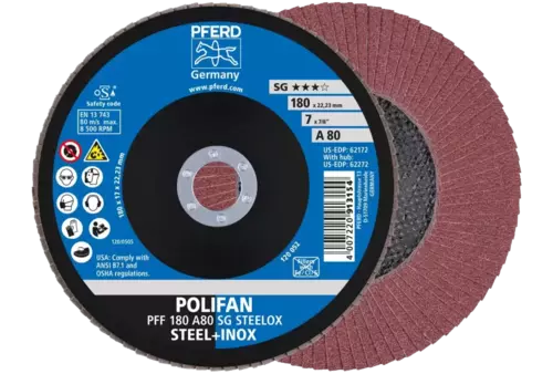 Ściernica listkowa POLIFAN PFF 180 × 22,23 mm płaska A80 linia wydajna SG STEELOX stal/stal nierdzewna 1