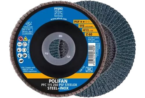 Ściernica listkowa POLIFAN PFC 115 × 22,23 mm stożkowa Z60 linia uniwersalna PSF STEELOX stal/stal nierdzewna 1