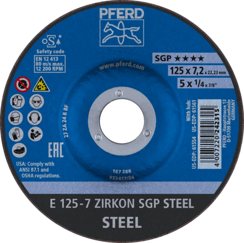 Tarcza do szlifowania metalu 125x7,2x22,23 ZIRKON SGP STEEL wypukła Pferd 62212737 1