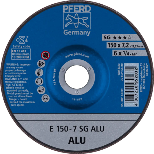 Tarcza do szlifowania aluminium 150x7,2x22,23 SG ALU wypukła Pferd 62215717 1