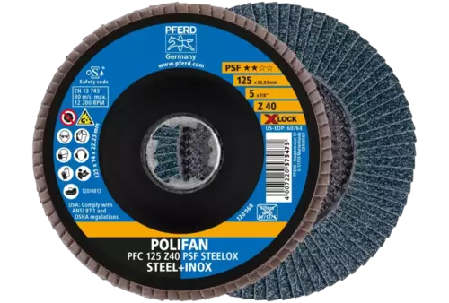 Ściernica listkowa POLIFAN PFC 125 mm X-LOCK stożkowa Z40 linia uniwersalna PSF STEELOX stal/stal nierdzewna 1