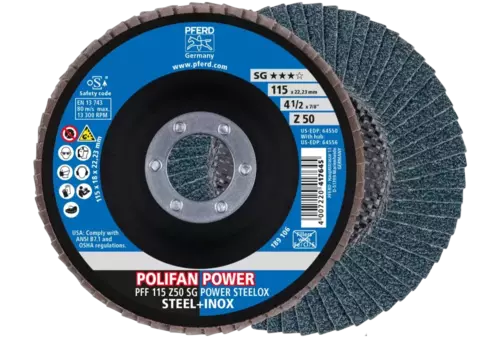 Ściernica listkowa POLIFAN POWER PFF 115 x 22,23 mm płaska Z50 linia wydajna SG STEELOX do stali/stali szlachetnej 1